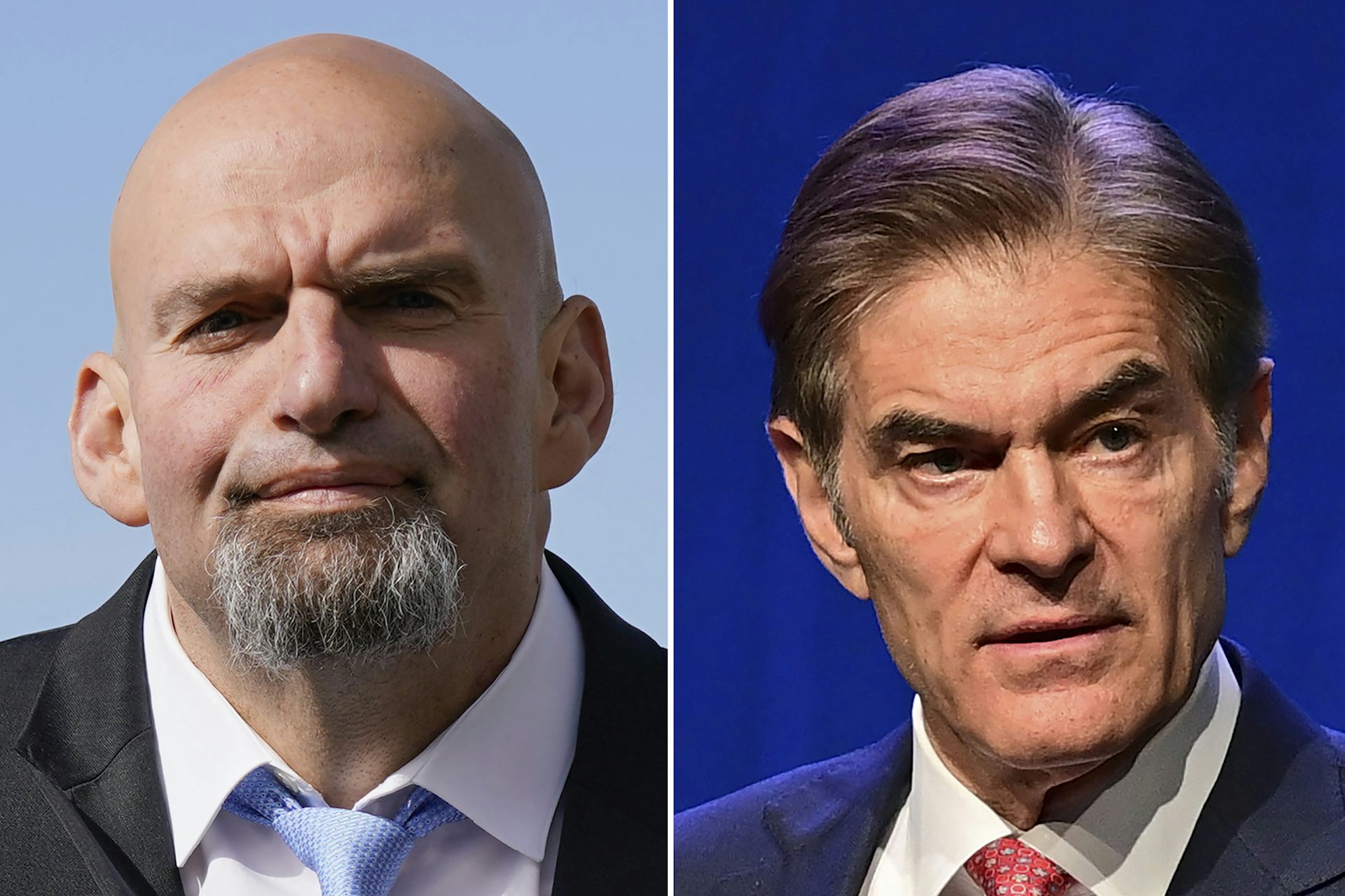 Headshots of Fetterman and Oz side by side
