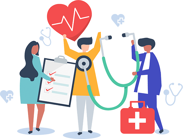 A graphic with three people holding medical equipment.