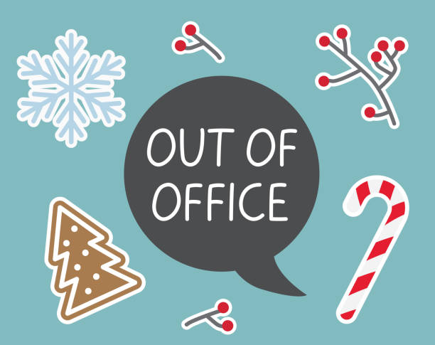 Graphic that reads "Out of Office" surrounded by cartoon illustrations of a snowflake, Christmas tree, candy cane, and holly branches.