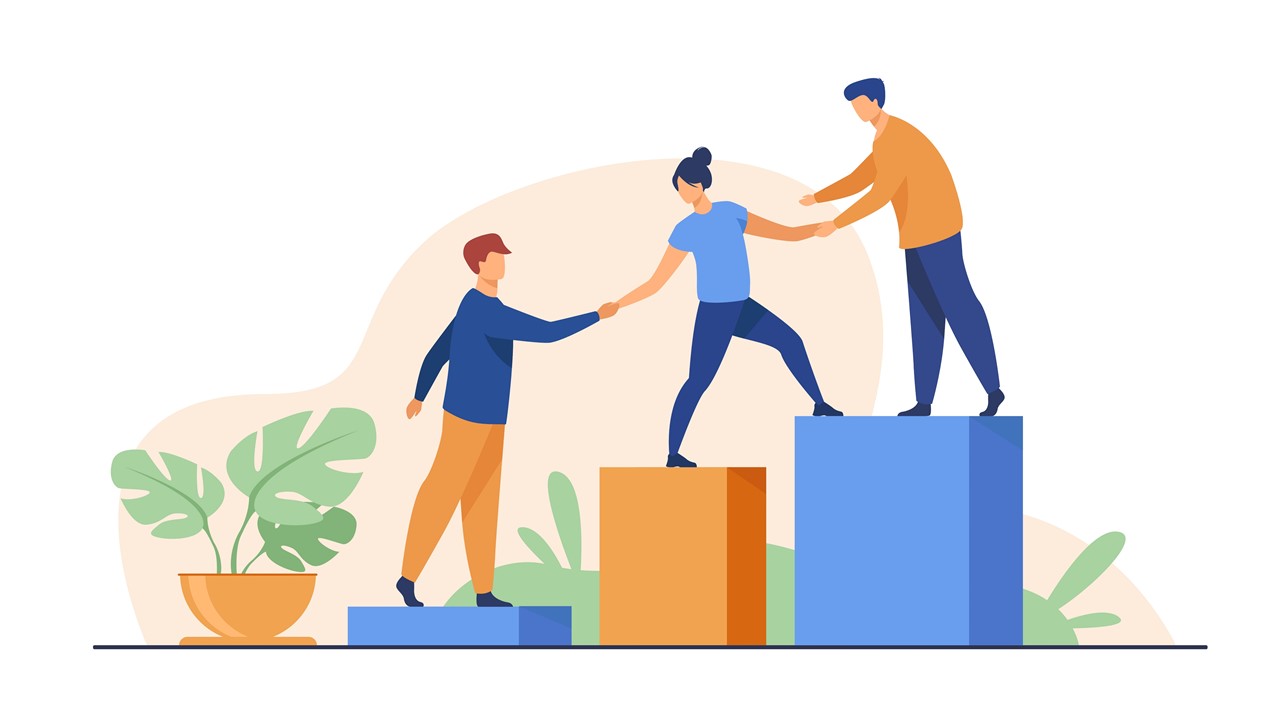 Cartoon illustrations of people helping each other up a series of steps