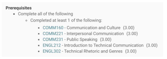 screenshot of example prerequisites list