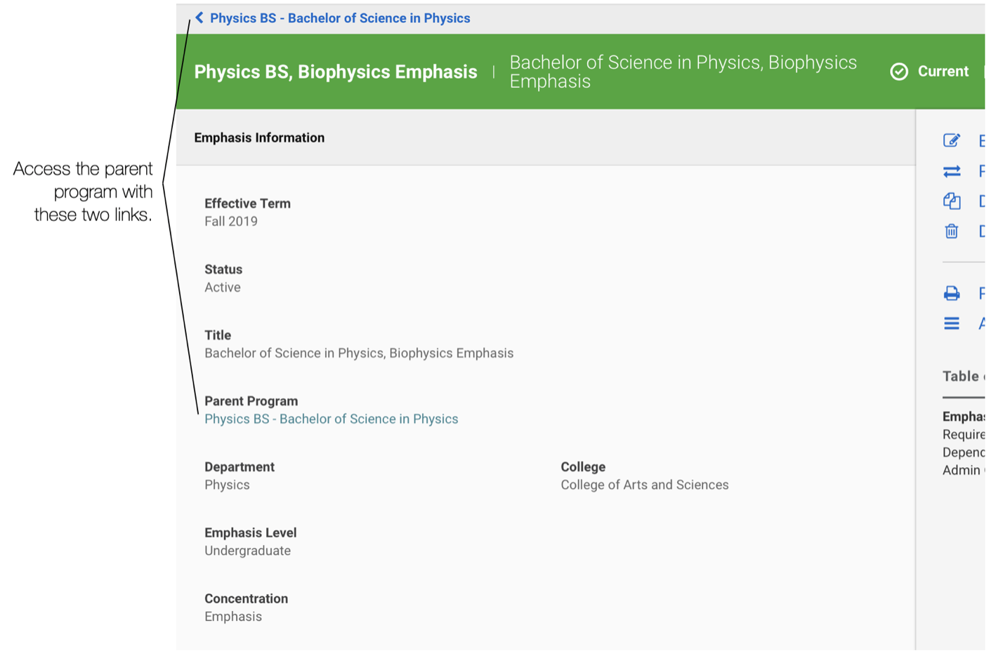 screenshot highlighting how to access the parent program using two links