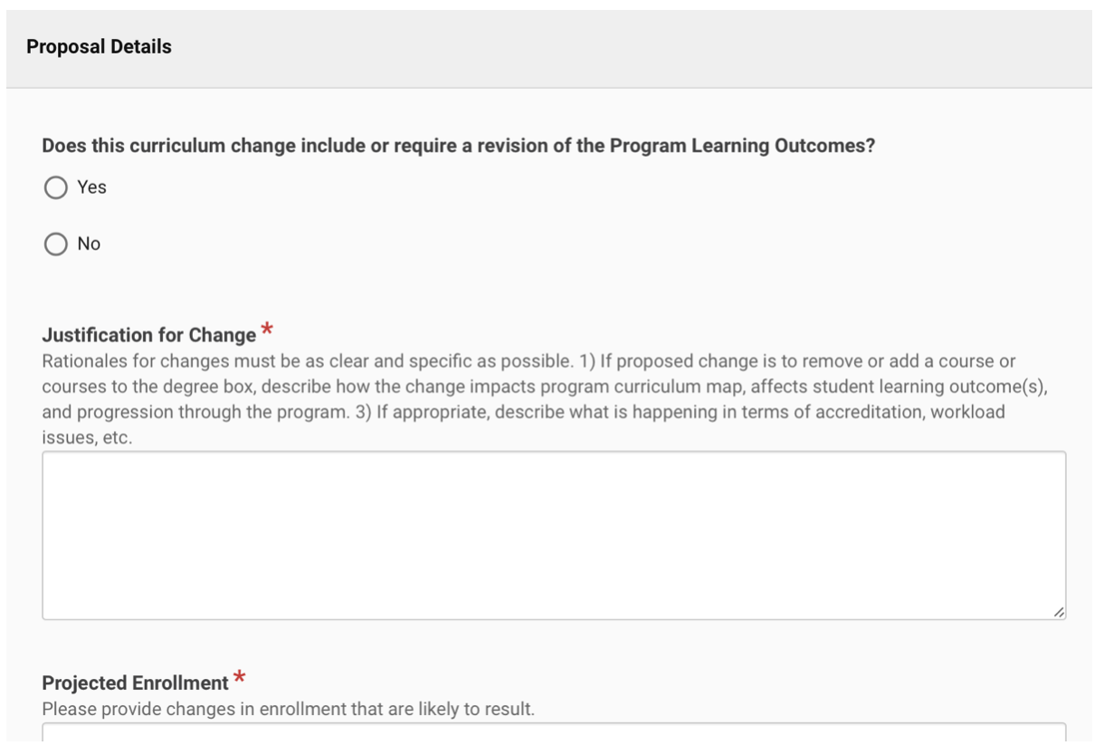 proposal details shown including question about program learning outcomes and justification for change and projected enrollment