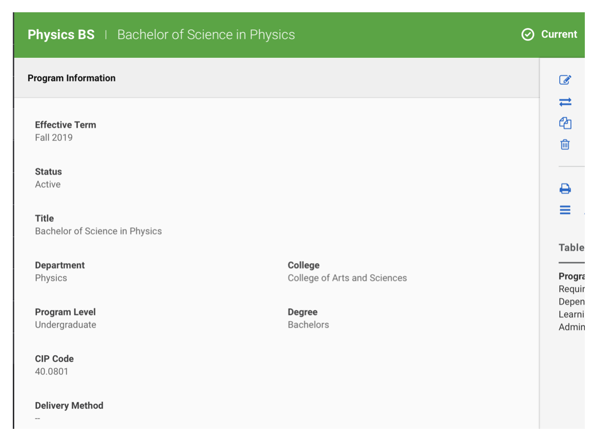 course information including term, status, title, department, etc.