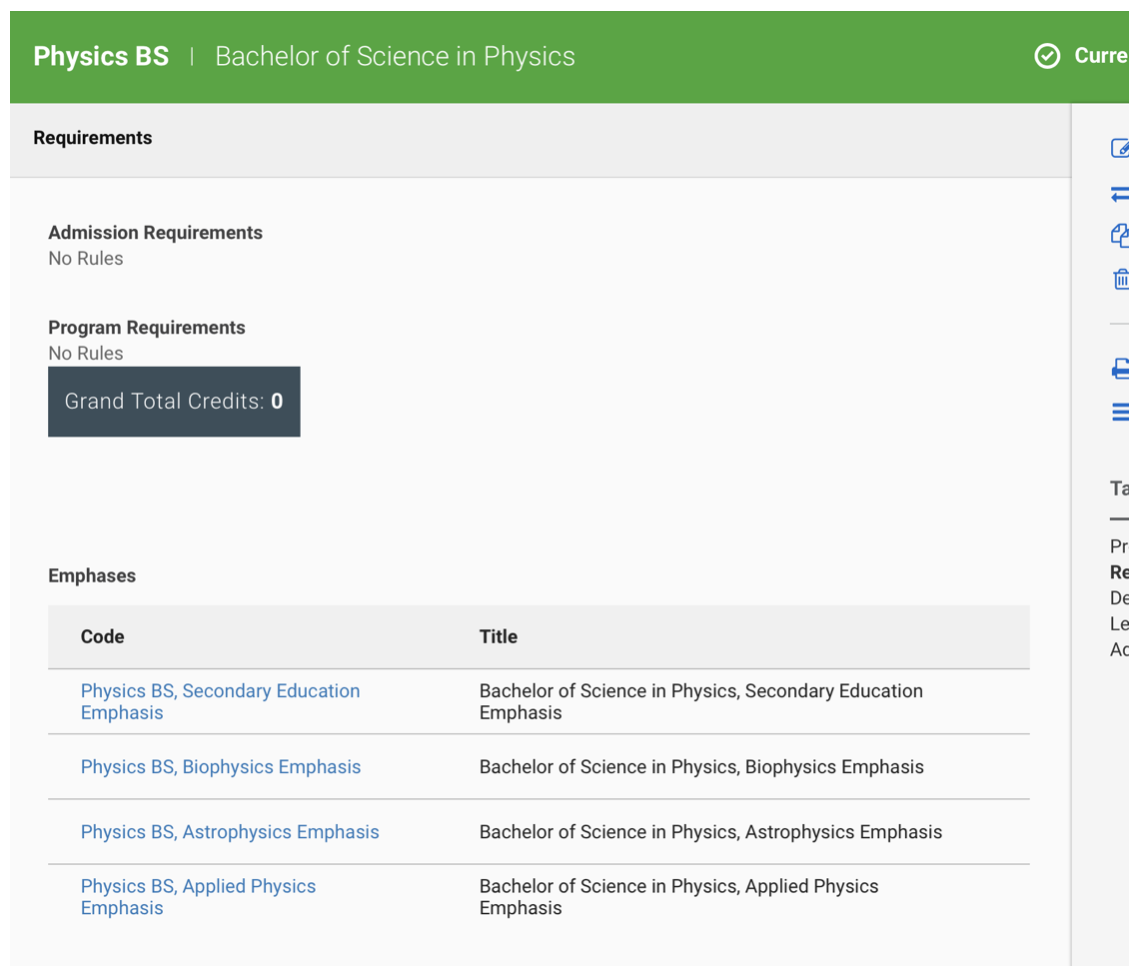course information including requirements, rules, and emphases listed. example is physics bs with four emphases