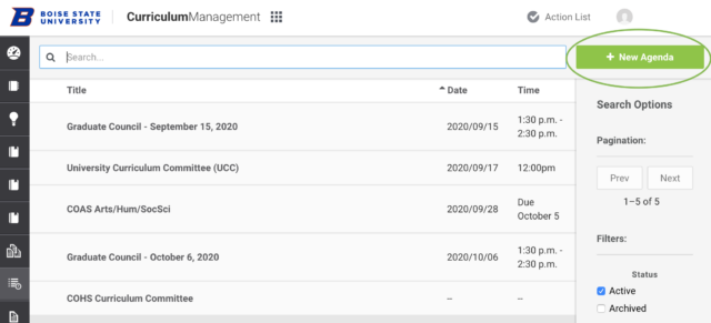 Screenshot showing "+New Agenda" circled