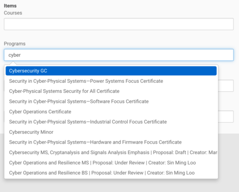 Screenshot showing text entered under programs "cyber." 