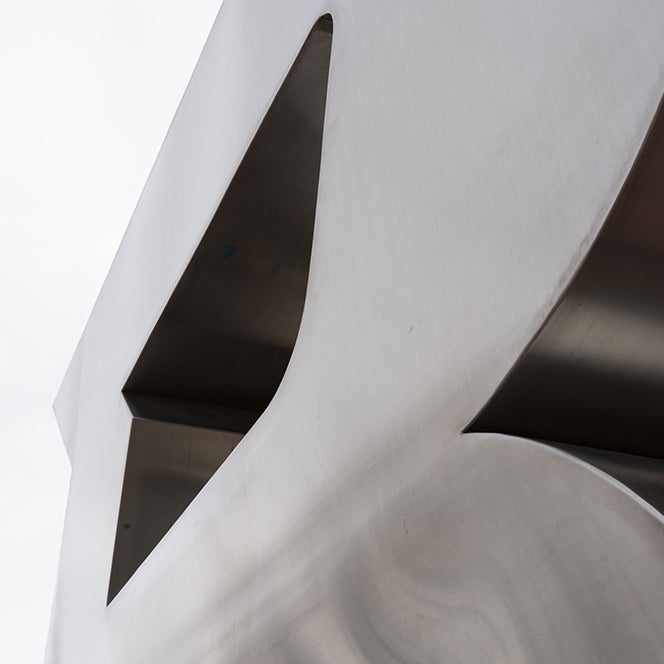 Close up view of the B statue on the Boise State University Campus