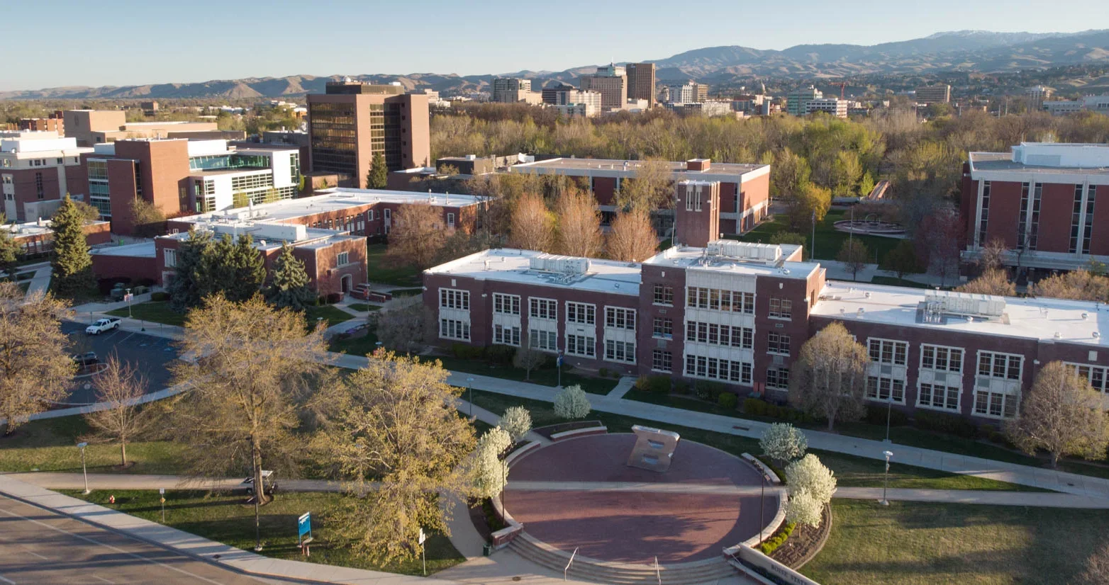 Arial view of Boise State University Administration building.