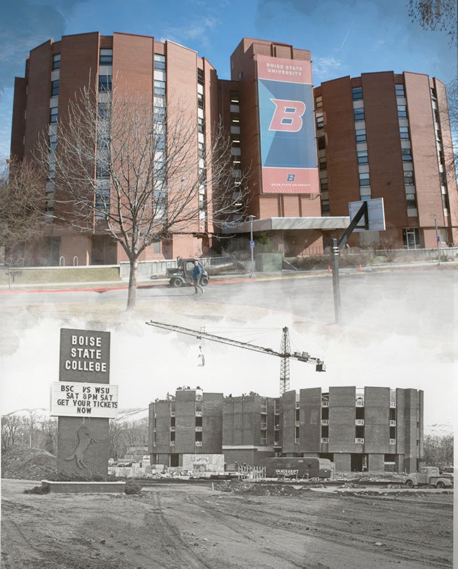 Collage with historical and present day towers hall
