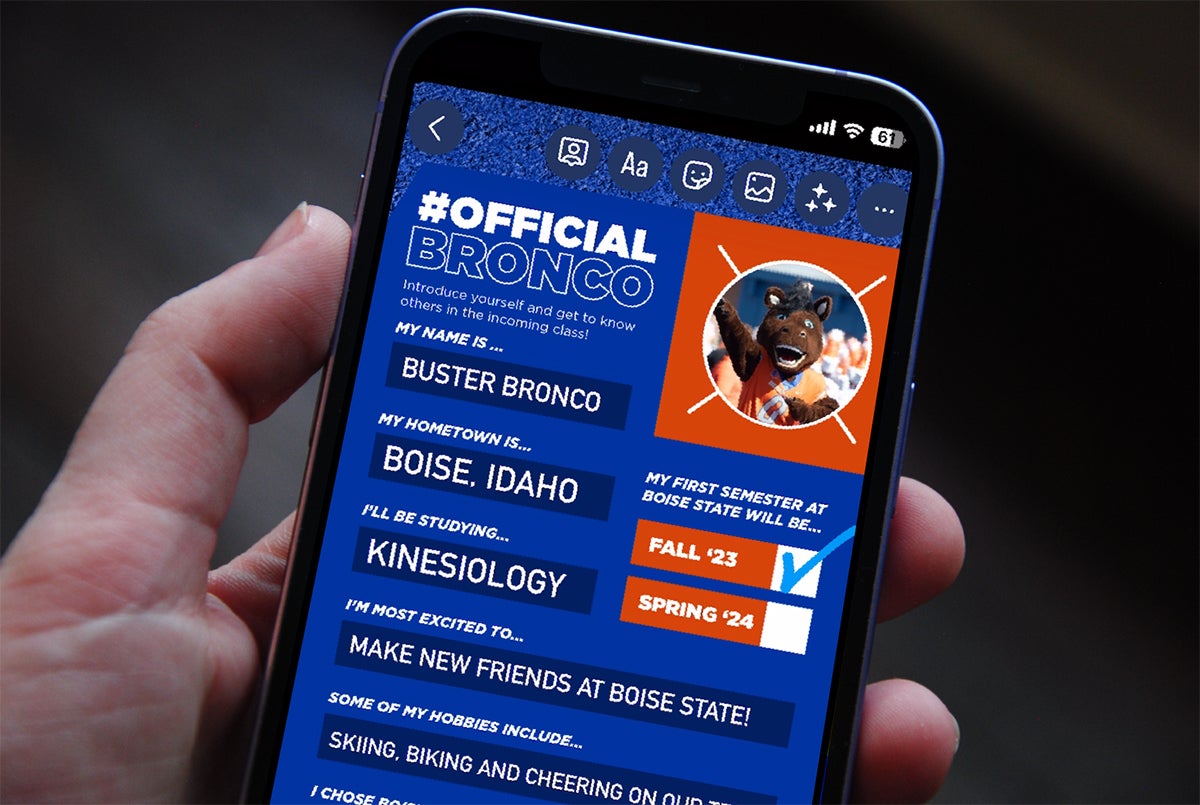 A phone displays the #OfficialBronco Instagram Story template