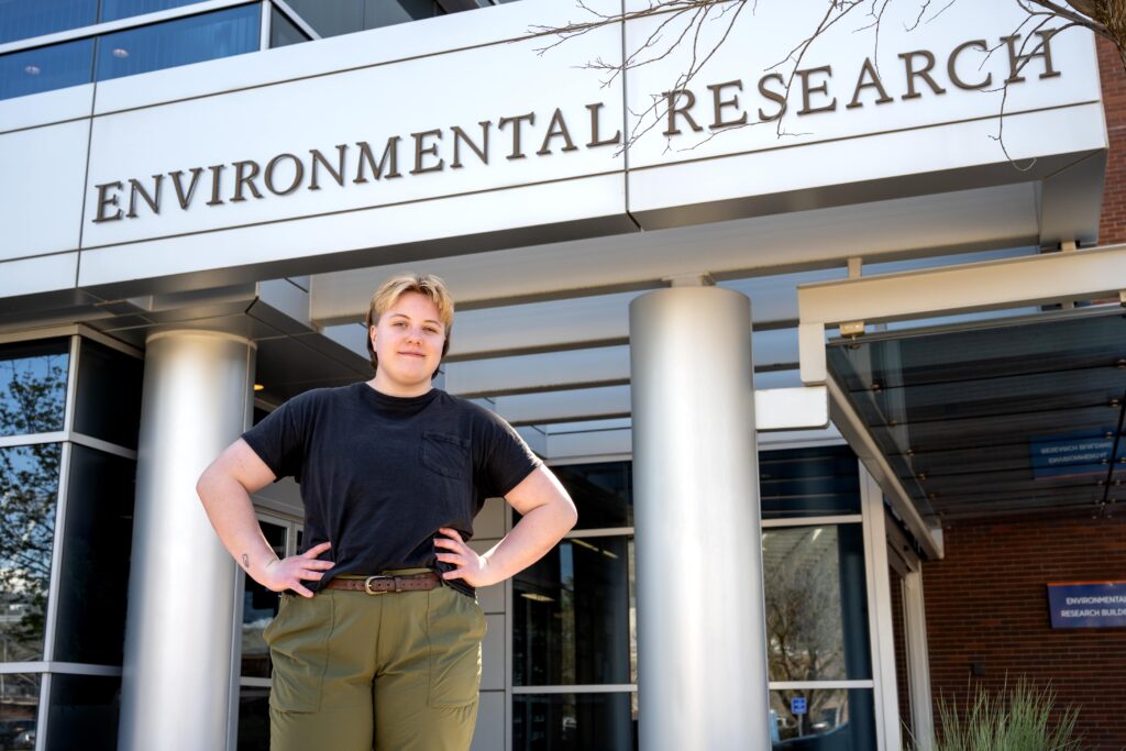 Kaiya standing in front of the Environmental Research building. 