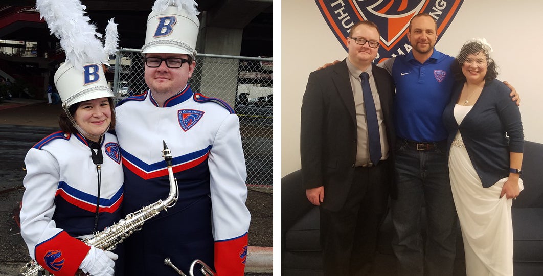 Chris Butler and Tatijana Strange-Garasa in band uniforms and at wedding