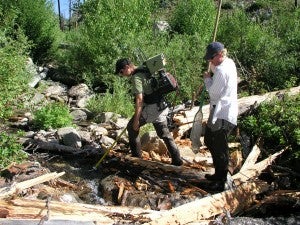 Field research occurring at stream. With two men holding nets.