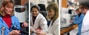 Collage of three photos of Dr. Oxford teaching in her lab
