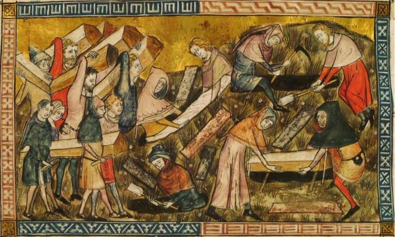 Multiple coffins being laid in freshly dug graves, tapestry