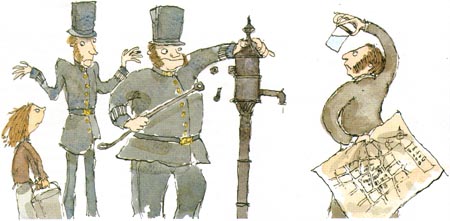 Man inspects class of water and police disable water pump, illustration
