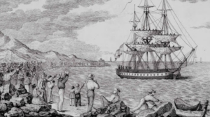 Ship leaving harbor, people waving on the shore