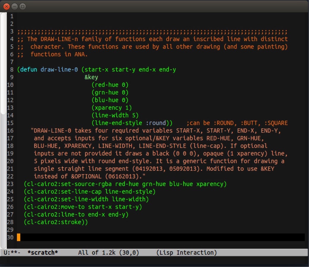 screenshot of Emacs window displaying ANA programming code