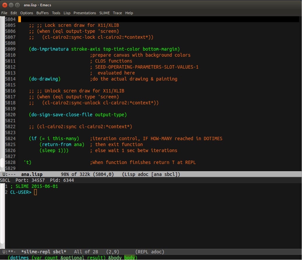 screenshot of Emacs window displaying ANA programming code