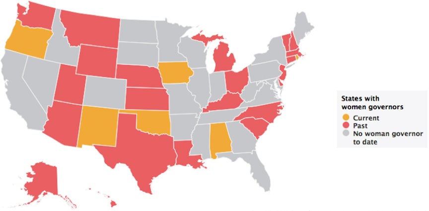 States with women governors: Current, Oregon, New Mexico, Oklahoma, Iowa, Alabama, Rhode Island. Past, Washington, Montana, Wyoming, Utah, Arizona, Nebraska, Kansas, Texas, Louisiana, Michigan, Ohio, Kentucky, North and South Carolina, New Hampshire, Vermont, Massachusetts, Connecticut, New Jersey, Delaware, Alaska, Hawaii