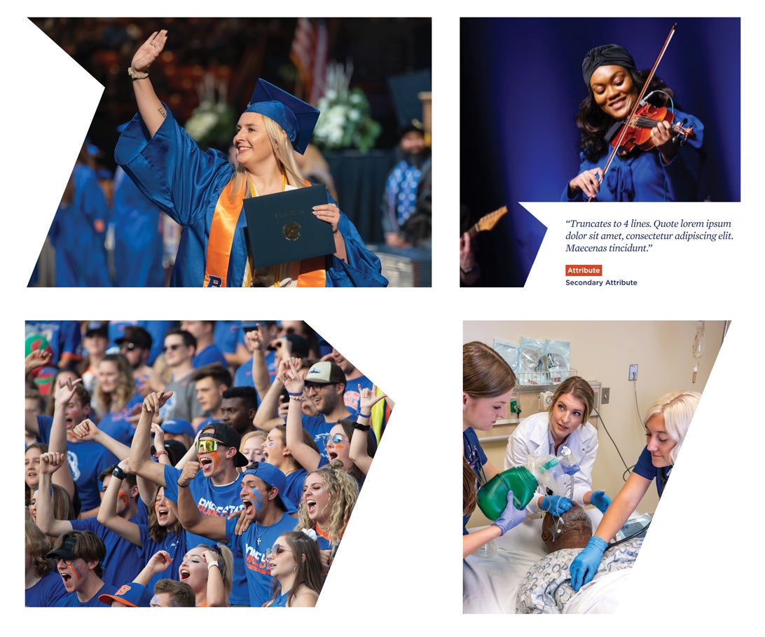Student at graduation, student playing violin, students at game, nursing students practicing in lab