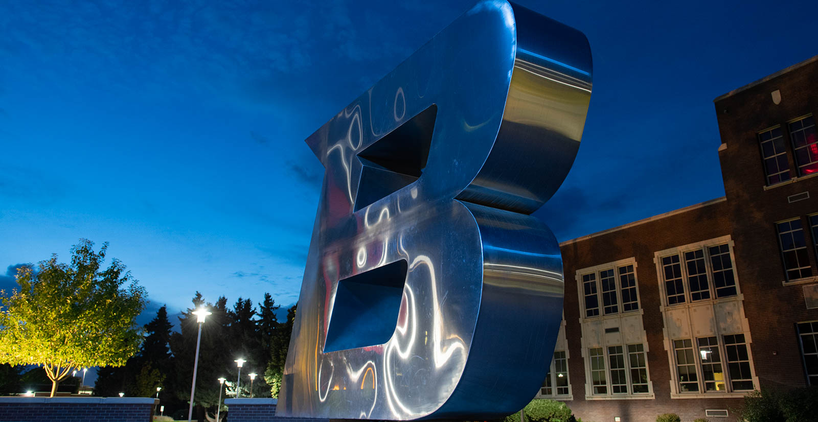 Campus B in the plaza at night