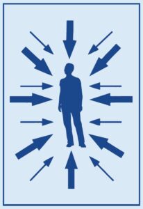 a person standing in the center of a circular arrangement of arrows pointing inward towards the person