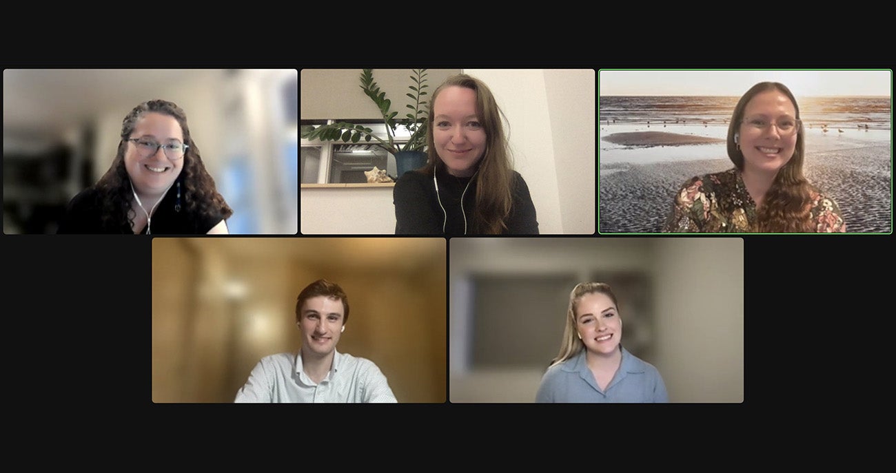 Photo of the Boise State open education resource team from Left (top row): Shannon Smith, Tiffany MacLennan, Amber Hoye, (bottom row) Graf Kirk, Hallie Babb