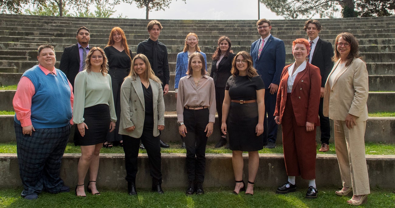The 2022-2023 Talkin' Broncos speech and debate team at the amphitheater at Boise State