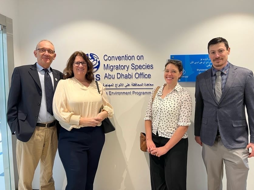 Group photo of Julie Heath, Stephanie Galla, and Mike Henderson meeting with the Conservation of Migratory Species Raptors Secretariat