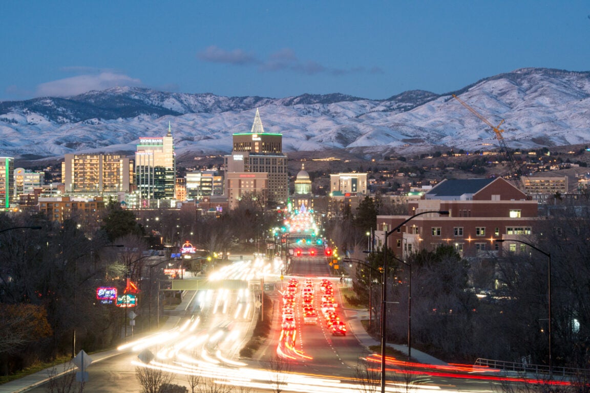 A wide shot of downtown Boise's cityscape.