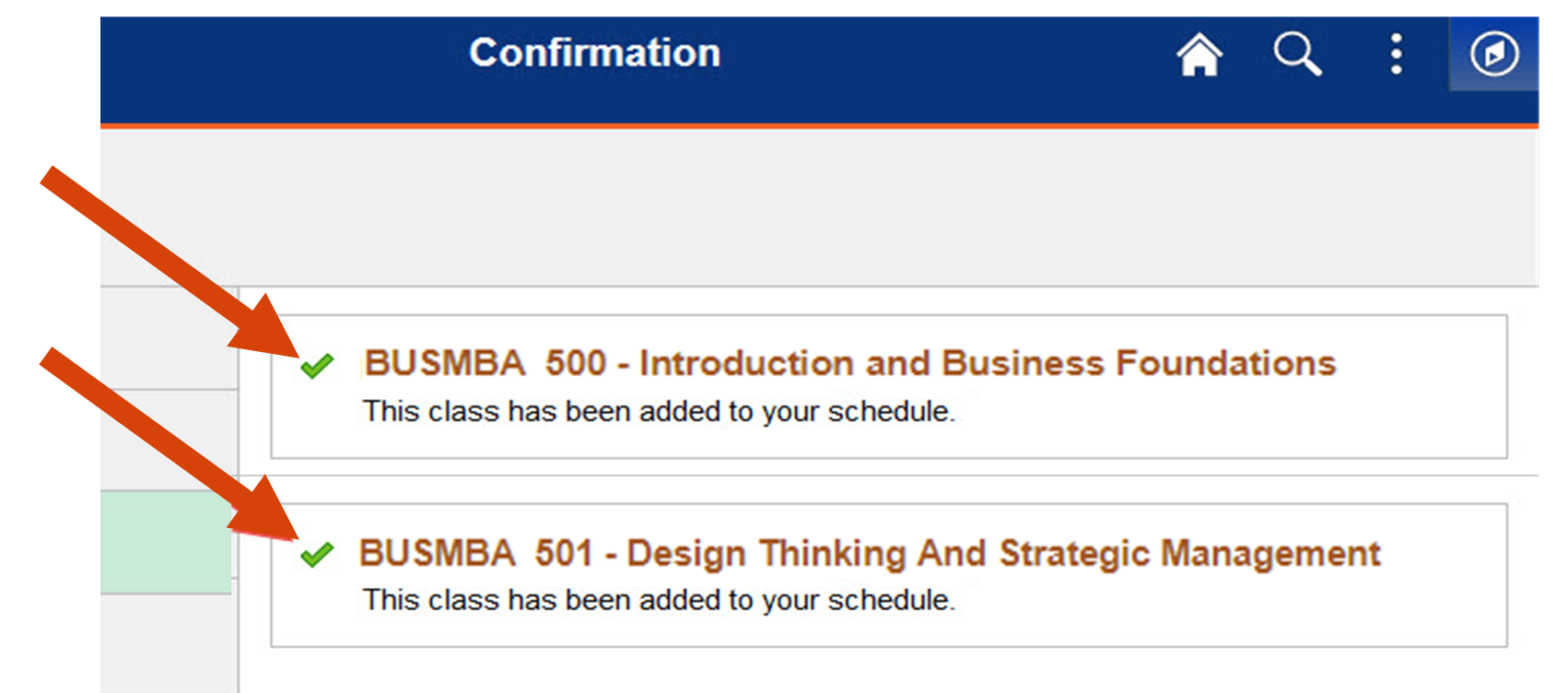 Arrows to green check marks to confirm sucessful class registration