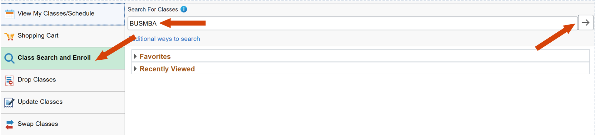 Arrows pointing to Class Search & Enroll, BUSMBA, and next arrow