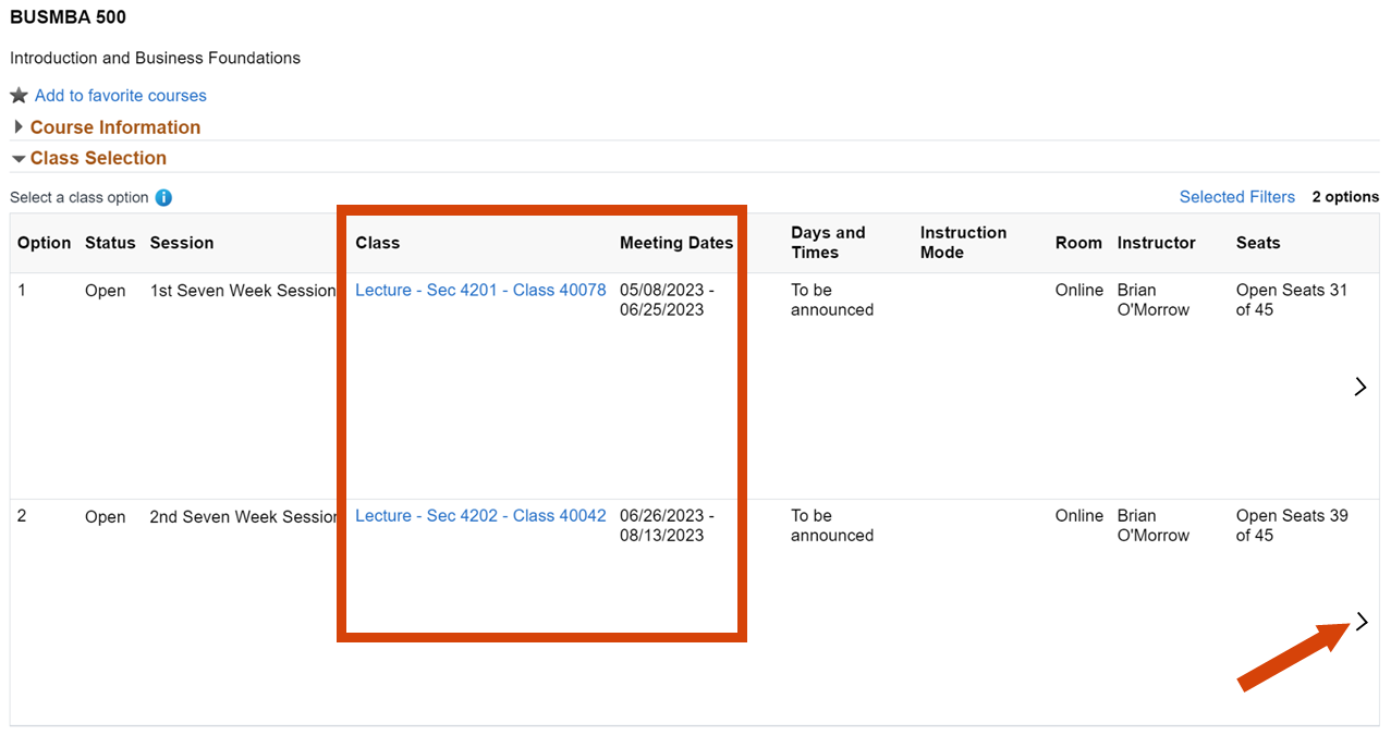 Box around session dates and arrow pointing toward small "next" arrow