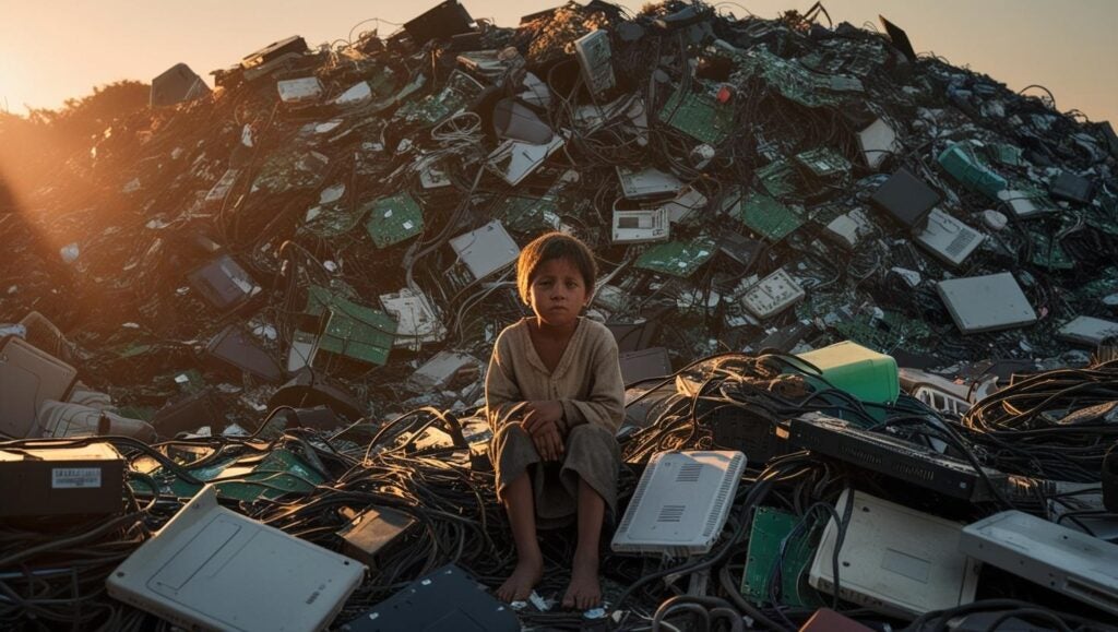 Child sitting on the E-waste Depicting Hidden Failures in Consumer Electronics Sustainability