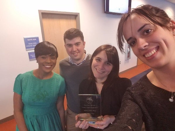 Dr. Pera with grad students (left to right) Oghenemaro Anuyah (MS), Ion Madrazo (Ph.D.) and Nevena Dragovic (MS Alumna)