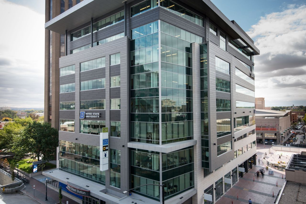 A view from the northwest of the CCP Building exterior