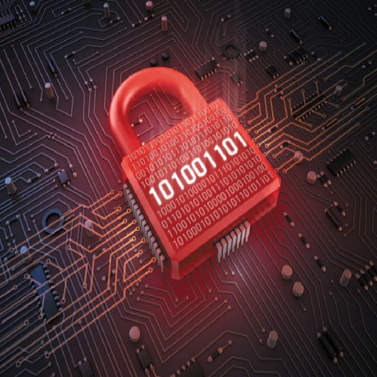Image of a red lock with ones and zeros on it representing a binary number. The background contains a representation of a motherboard.