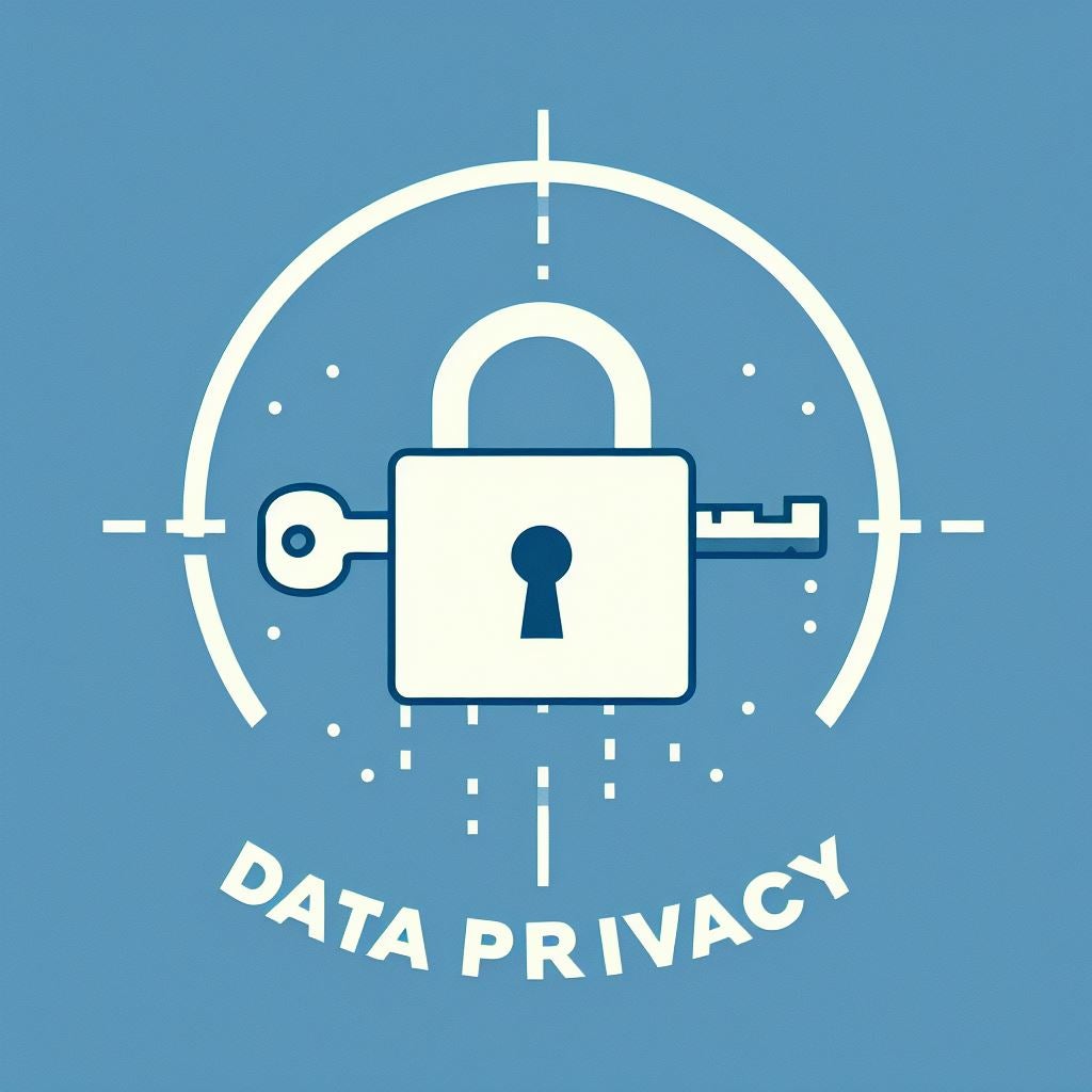 Image of a lock with a key intersecting it with a blue background. The words data privacy are written below the lock.
