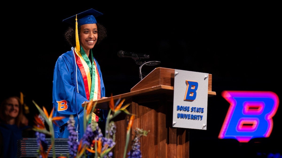 Nardos Ashenafi speaking at commencement