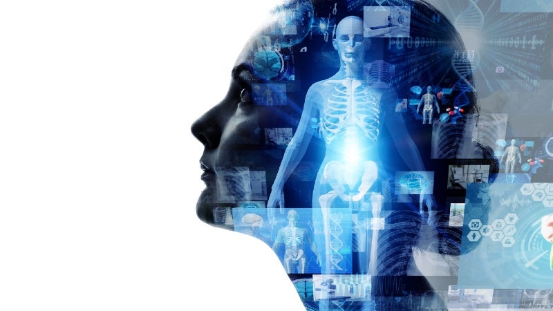 montage of medical-themed images over the silhouette of a woman's face