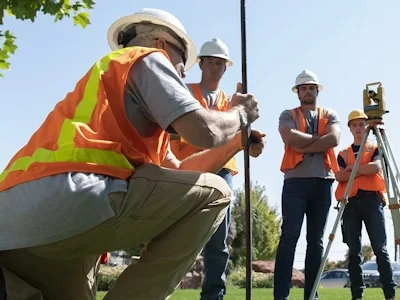 A group of 4 construction workers on site with equipment