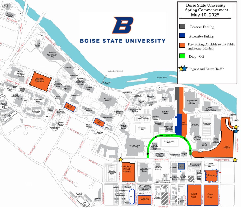 A map of Bose STate's campus with parking areas for commencement highlighted.
