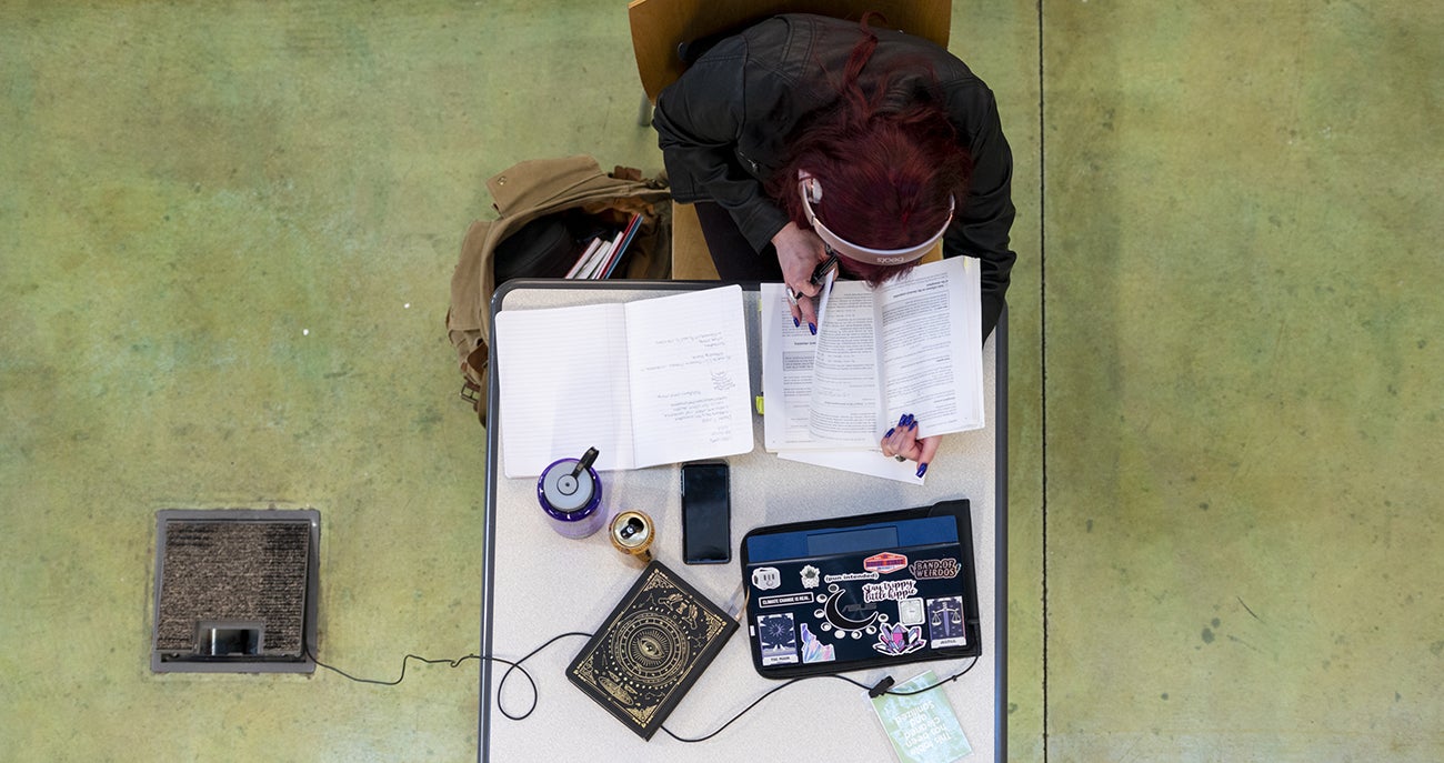 An overhead view of a student studying at a table