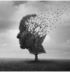 Black and white tree in shape of head with leaves blowing away.