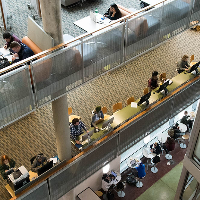 Students study in the interactive learning center