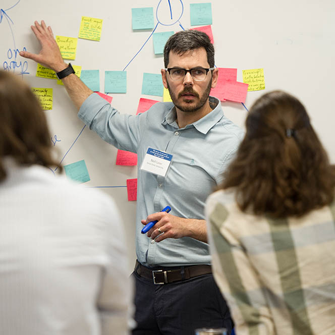 Instructor shares ideas on a whiteboard with post-its