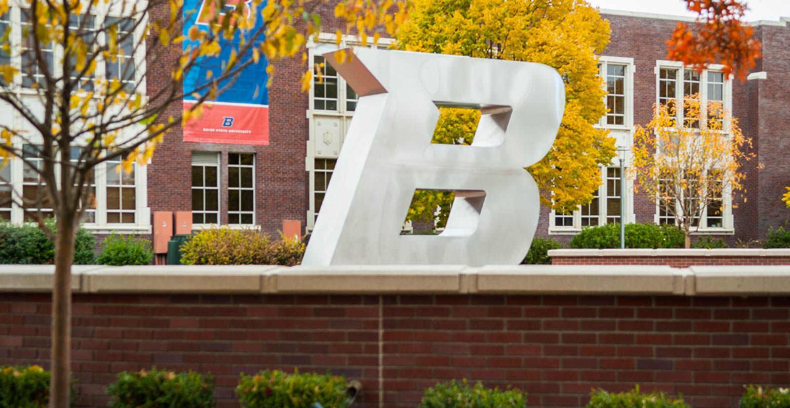 The B statue on Boise State's campus during Autumn