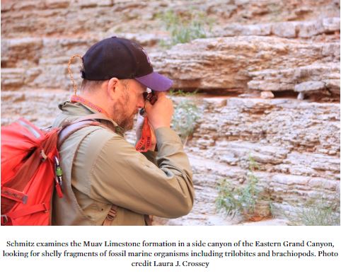 Schmitz esamines the Muav Limestone formation in a side canyon of the Eastern Grand Canyon